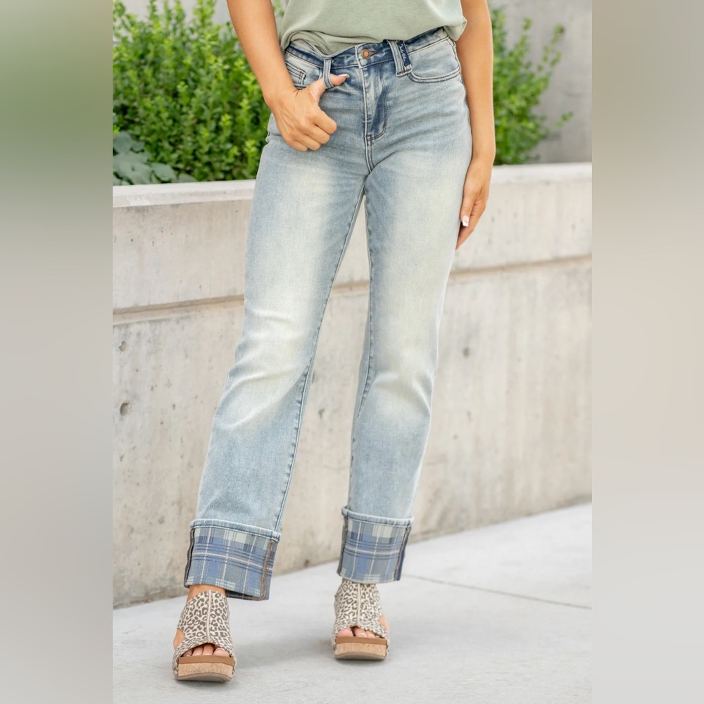 NWT Judy Blue vintage plaid cuffed straight leg jeans medium wash size 15/32
